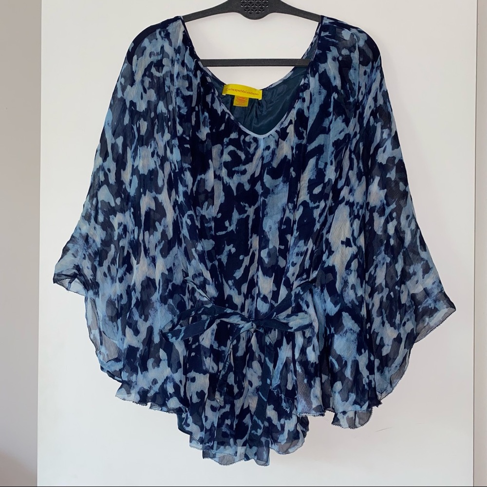 Catherine Malandrino 100% silk blue watercolor print tie dolman tunic blouse - Picture 1 of 9